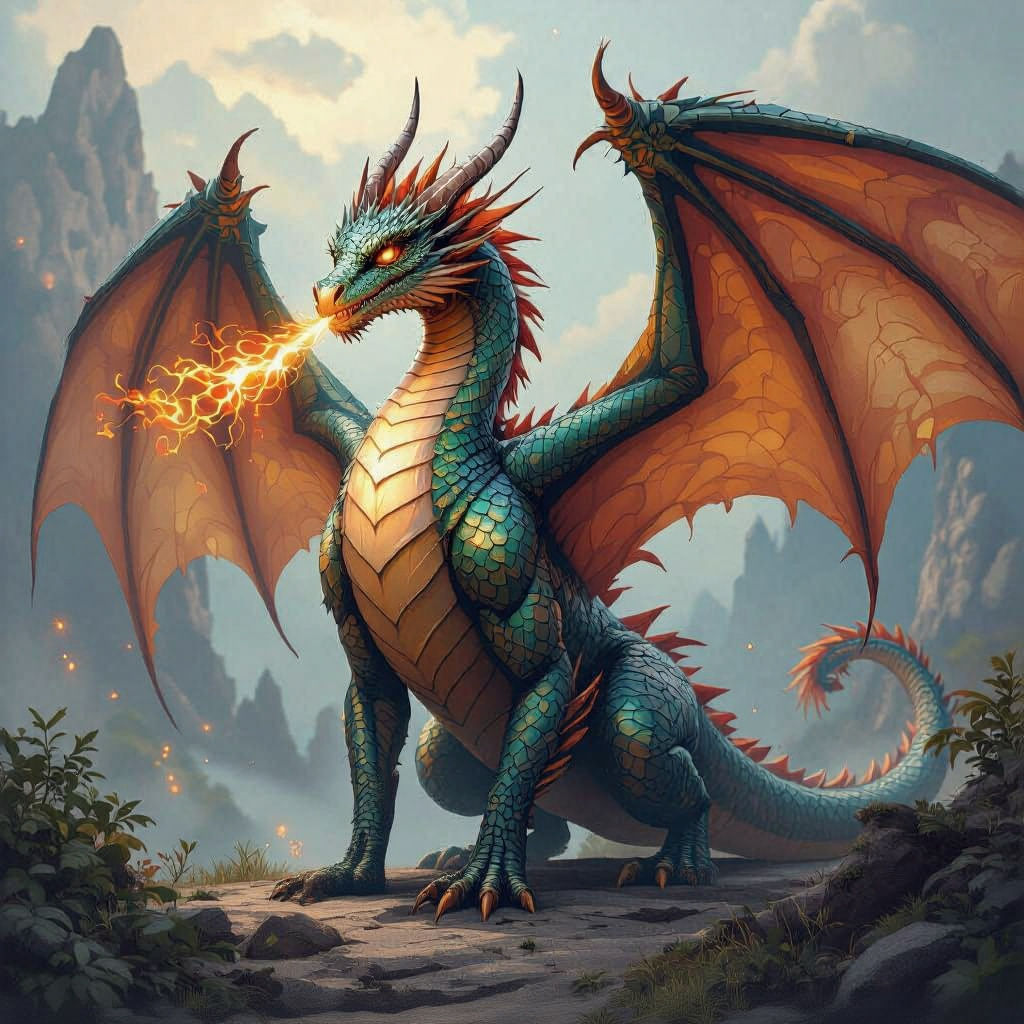 Majestic Dragon with Iridescent Scales in Fantasy Realm