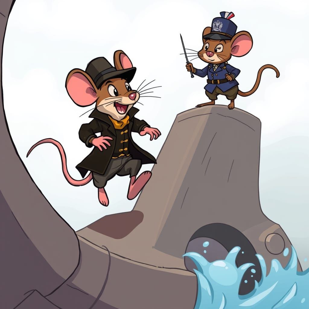Mice Chase on a Waterwheel in Cartoon Style