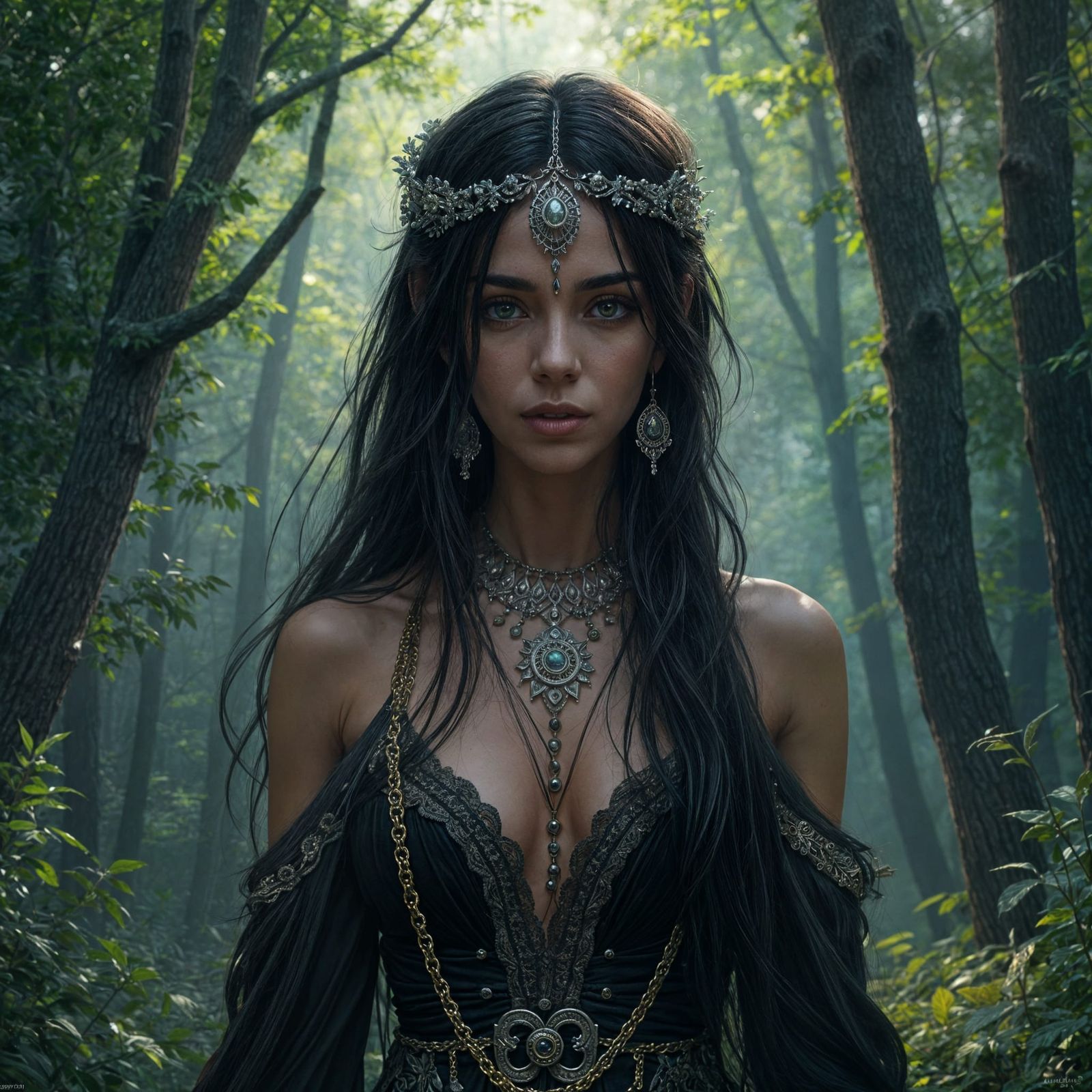 Mystical Gypsy Woman in Ethereal Forest, Art Nouveau Style