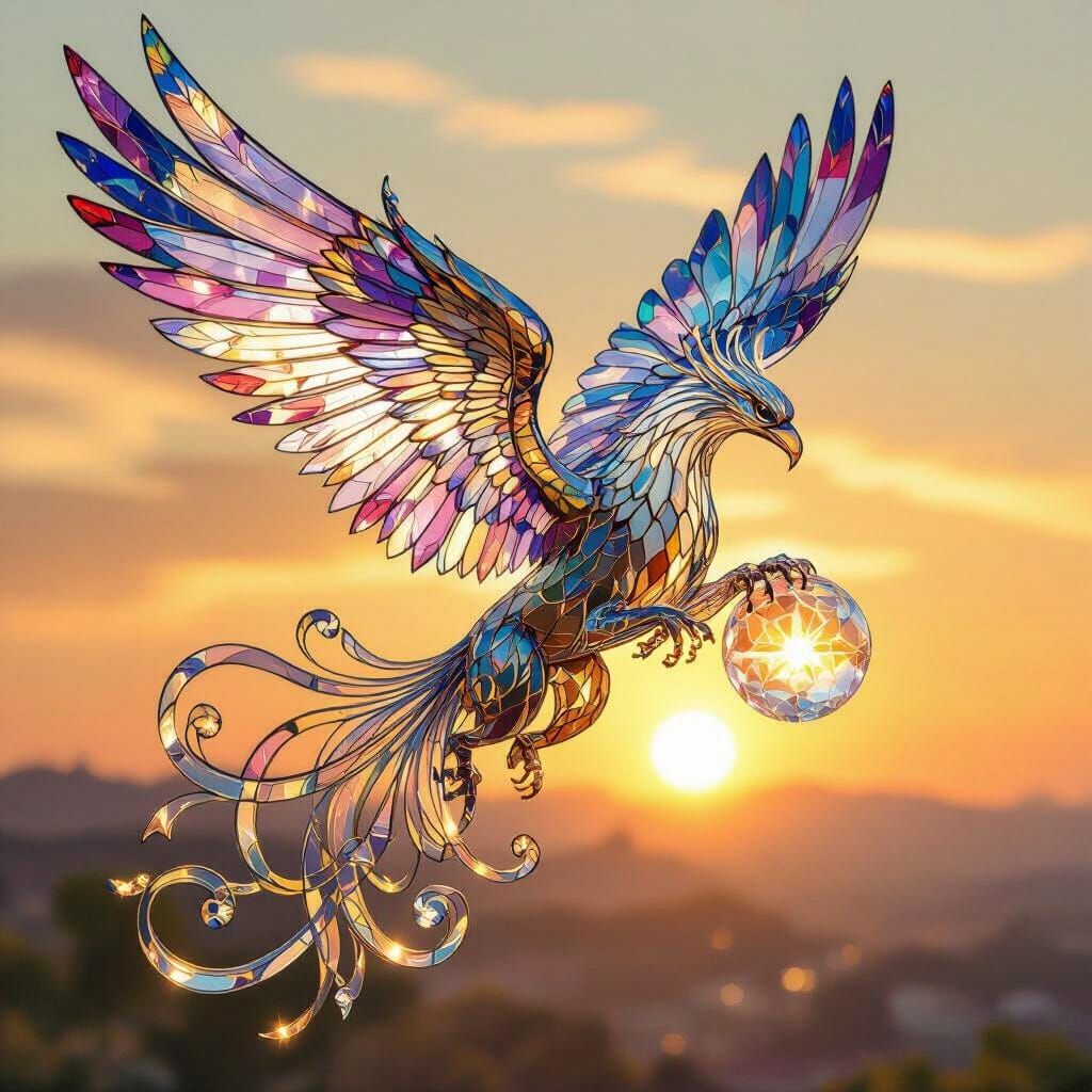 Glass Griffin Soaring at Twilight: Art Nouveau Style