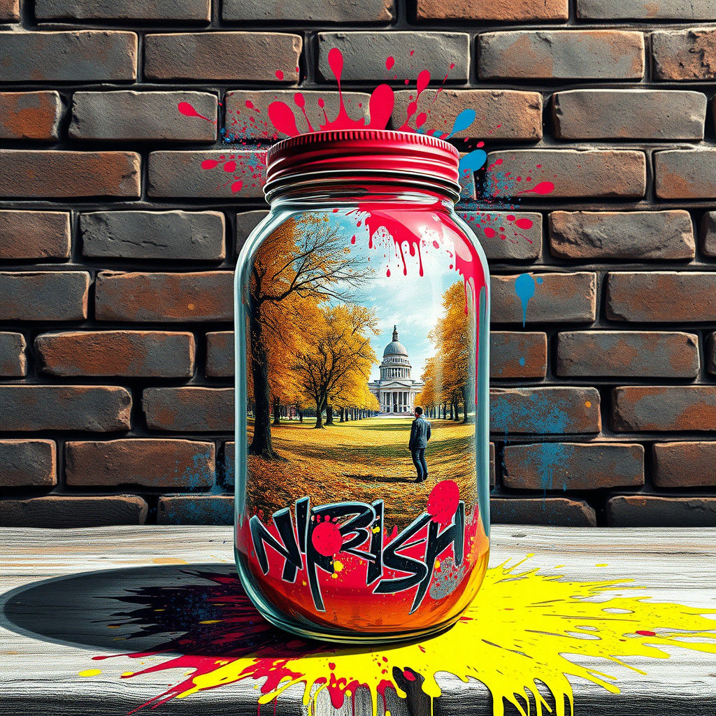 Autumn Park Scene in Glass Jar, Graffiti Art