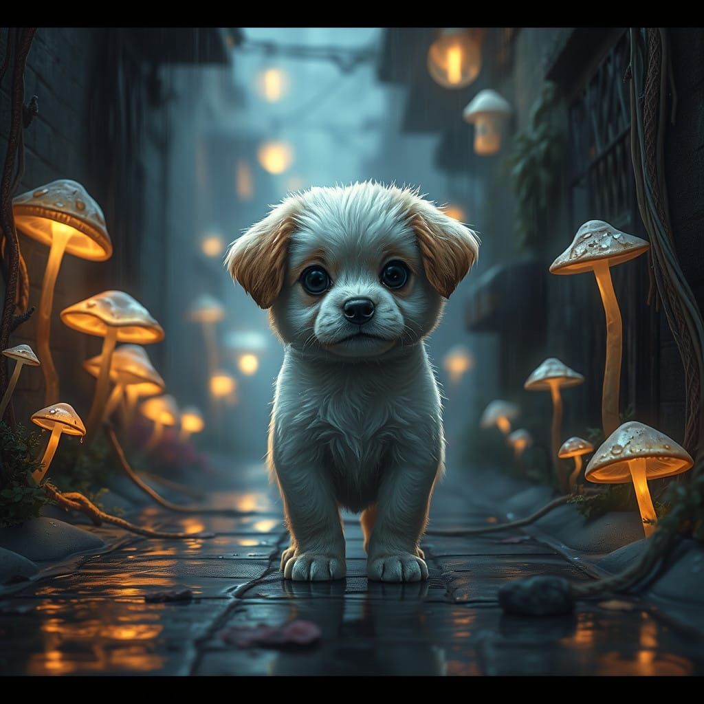 Melancholic Puppy in a Dreamlike Rainy Alleyway