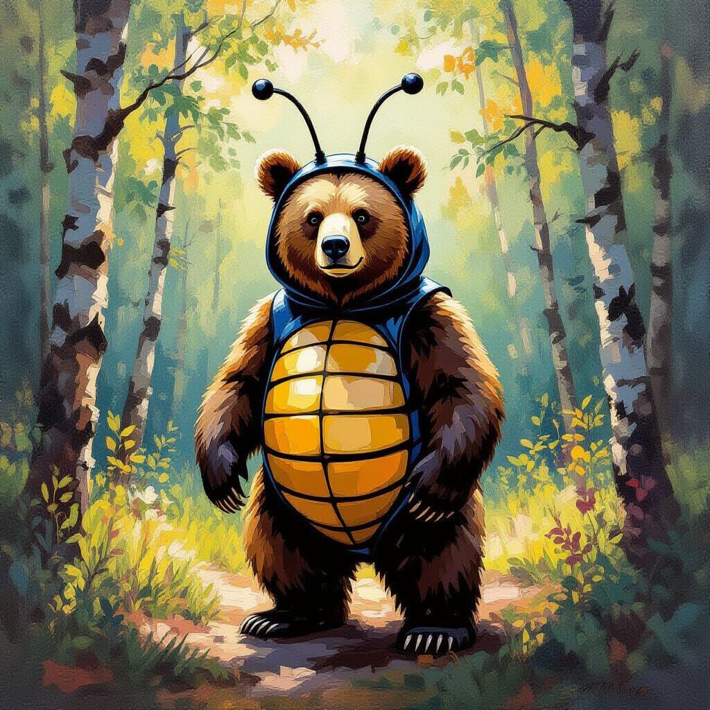 Grizzly Bear in Ant Costume, Forest Clearing, Gouache Style