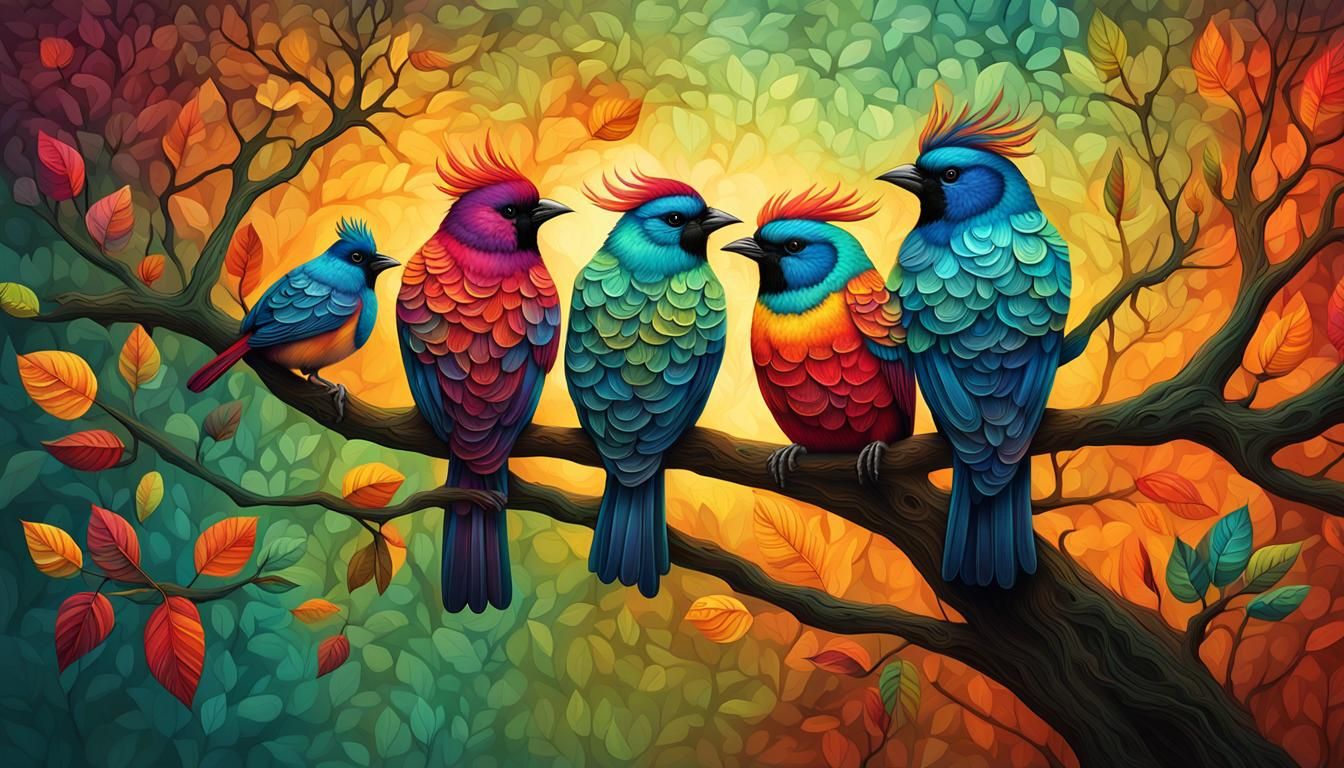 Colorful Birds on Branch in Surreal Style