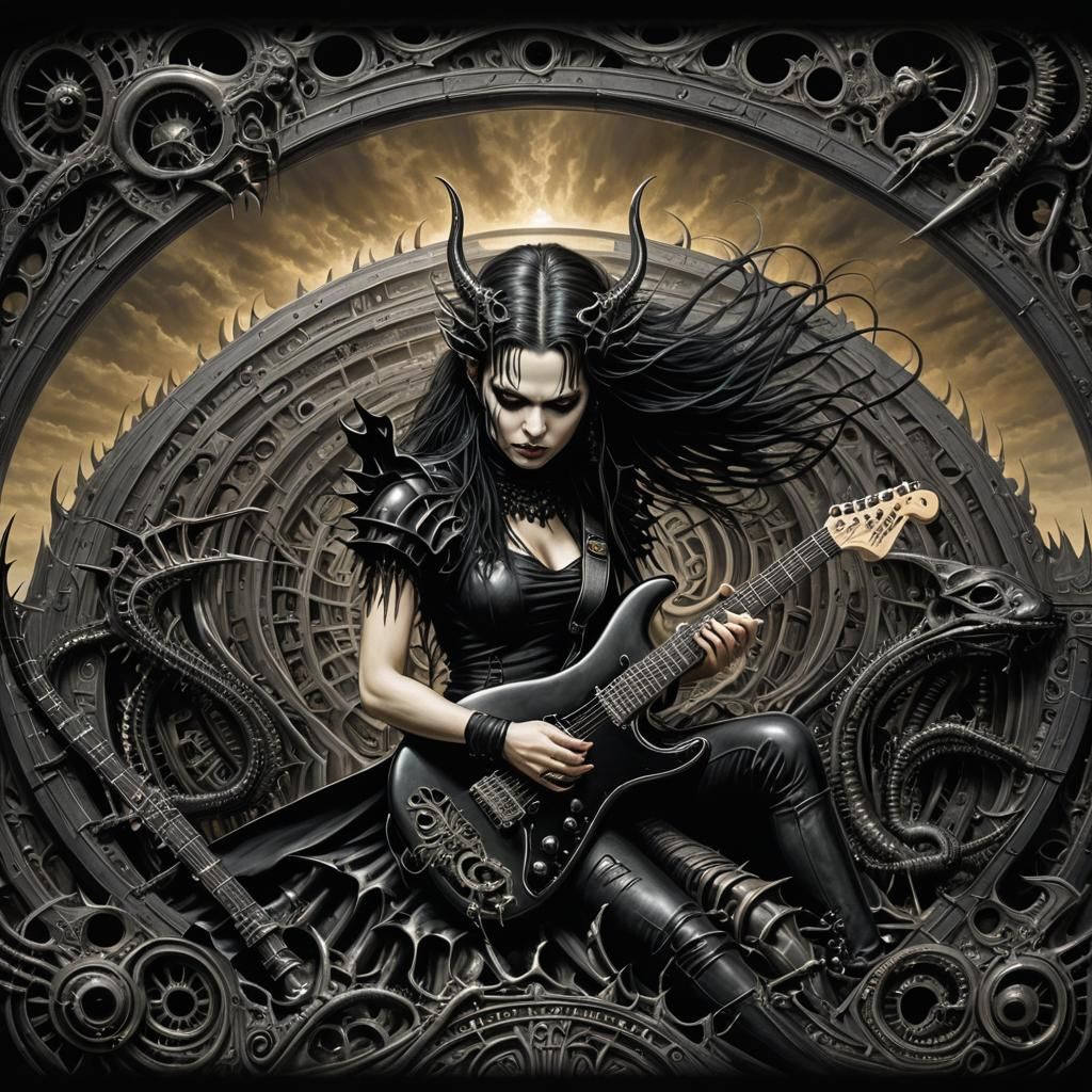 Gothic Woman with Stratocaster in Dark Fantasy Style