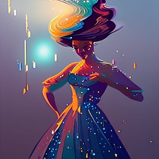 Woman in Ballgown Amidst Glitter Rain, Digital Art