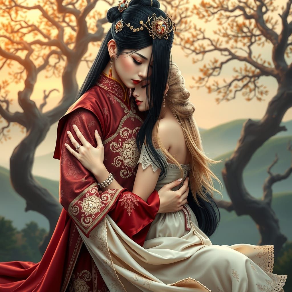 Majestic Warrior Queen and Serene Maiden in Enchanted Forest