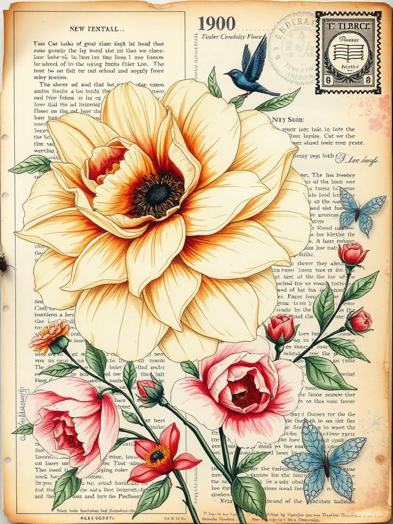 Vintage Floral Junk Journal Page in Mixed Media