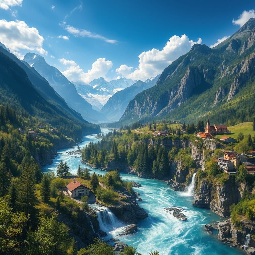 Majestic Mountain River Journey to the Ocean Digital Paintin...