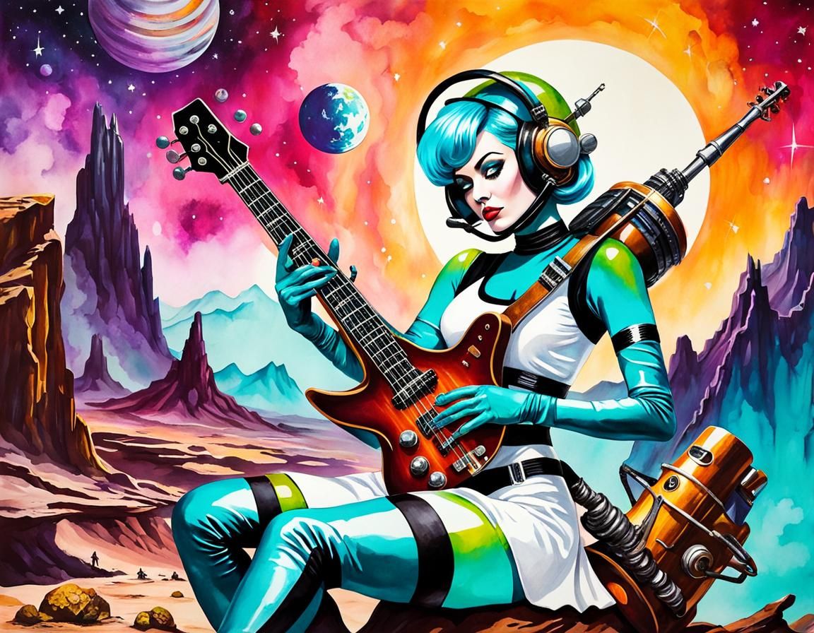 Ink Punk Astronaut Girl Playing Sci-Fi Instrument