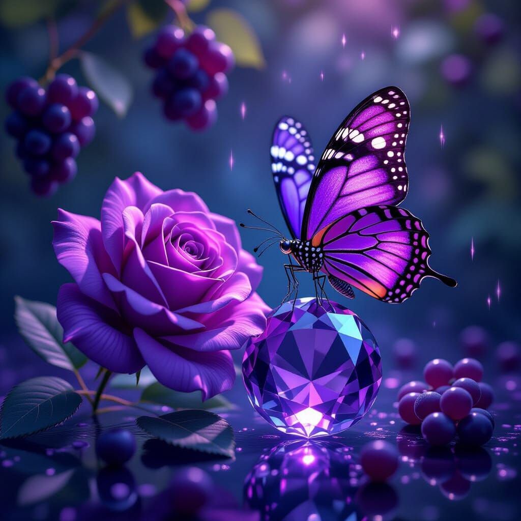Crystal Rose and Butterfly in Grape Rain