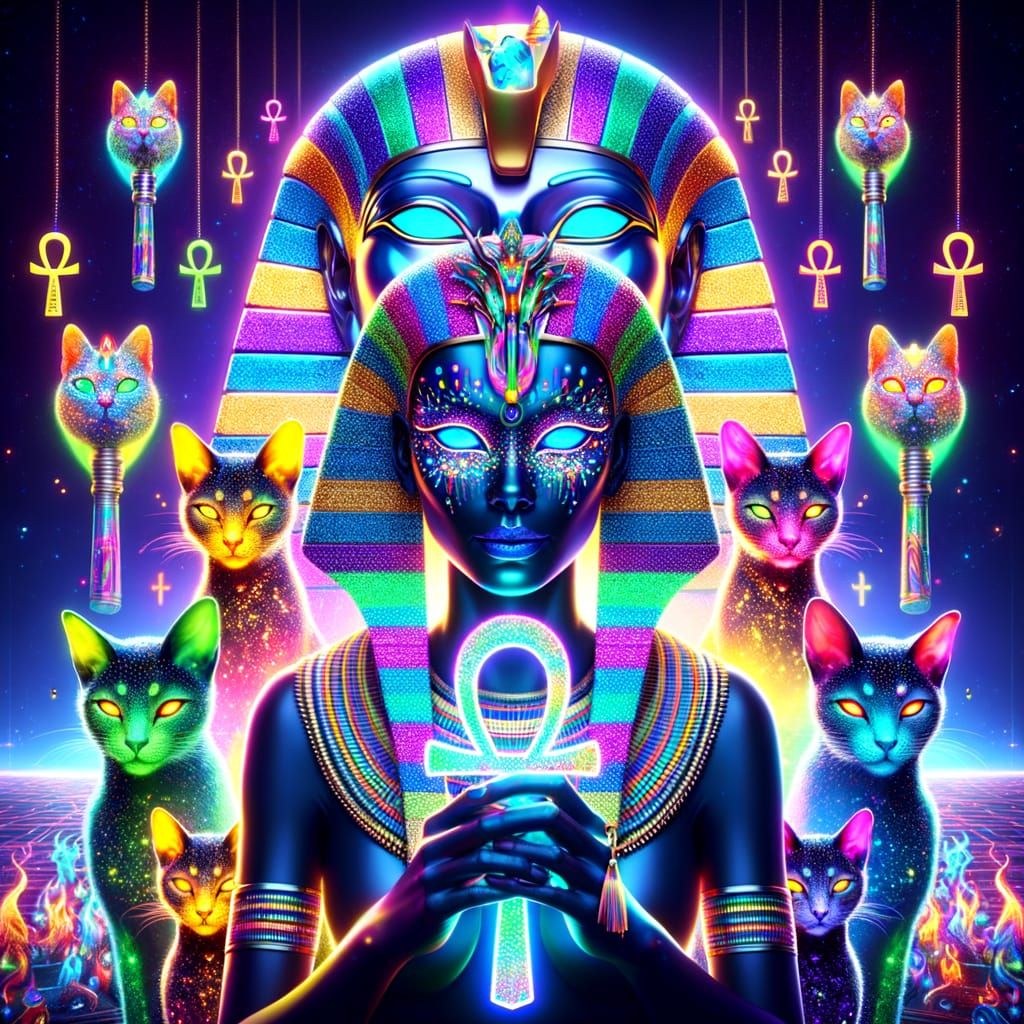 Vibrant Goddess Bastet Surrounded by Cats in Neon Aesthetic