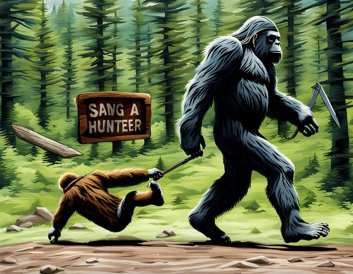 Sasquatch Drags Hunter Through Wilderness: AI Art
