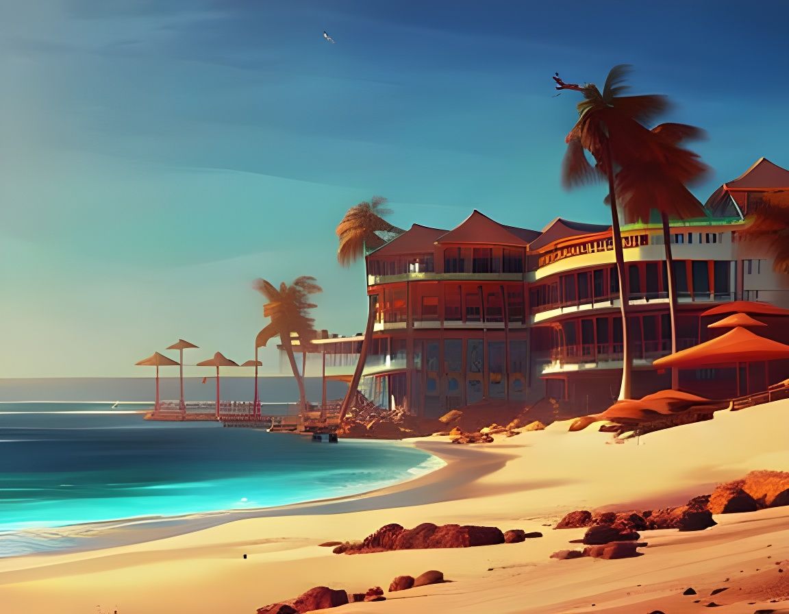 Resort Beach Scene in Hyperrealistic Digital Art