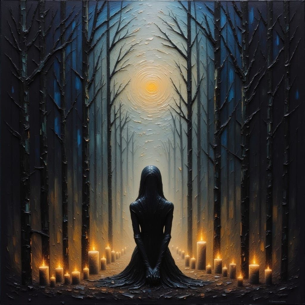 Figure Praying in Surreal Twilight Realm