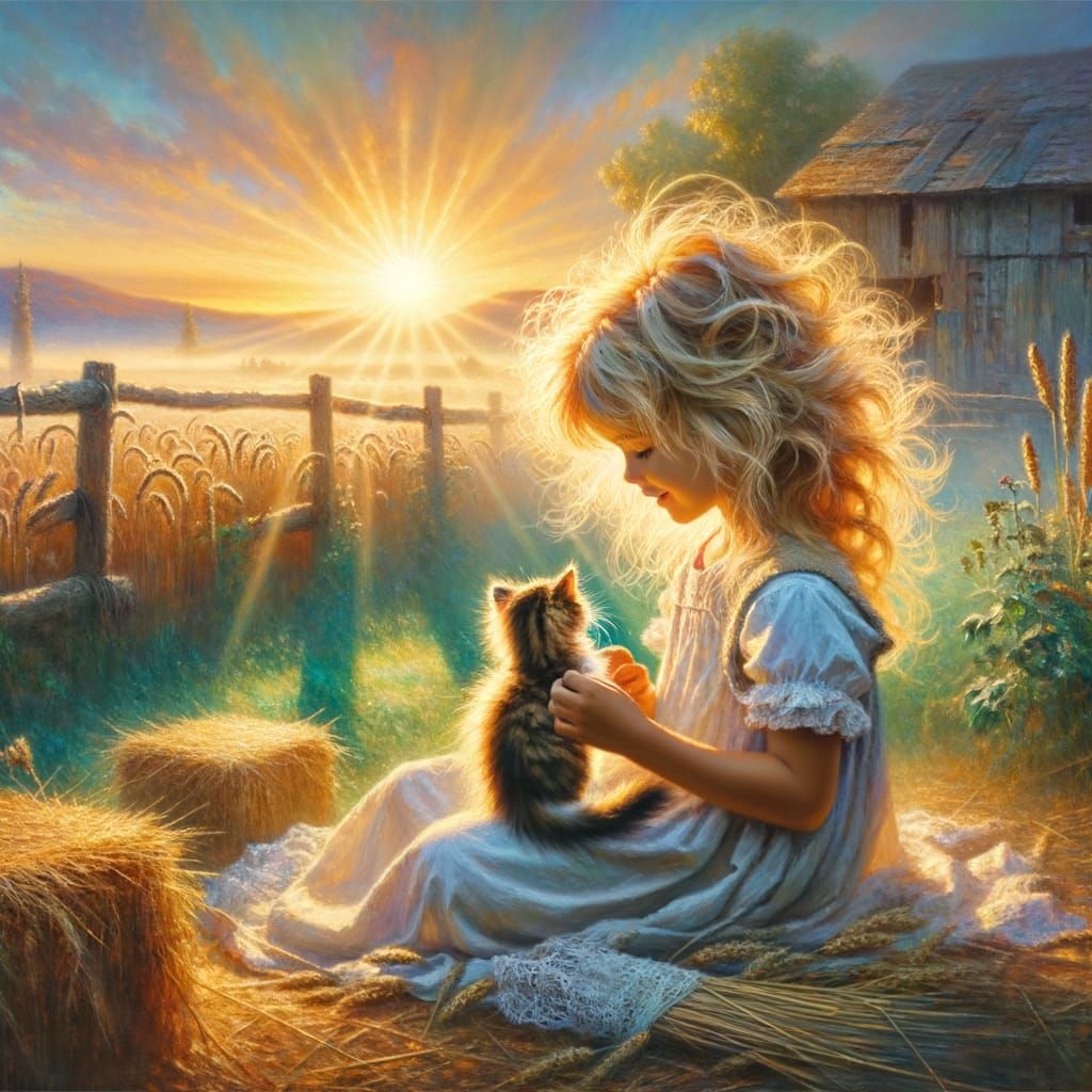 Girl and Cat in Golden Light: Impressionistic Oil Painting