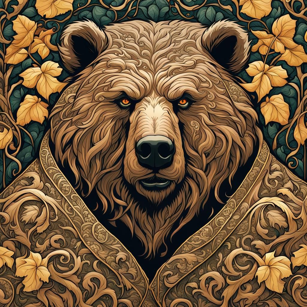 Art Nouveau Werebear Portrait in Floral Cloak