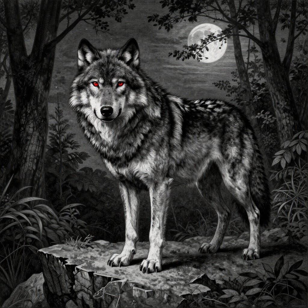 Majestic Wolf on Cliff Overlooking Moonlit Forest