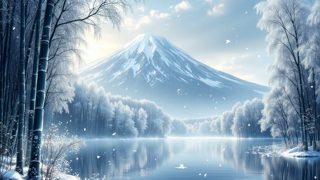 Snowy Bamboo Forest with Japanese Mountain and Crane