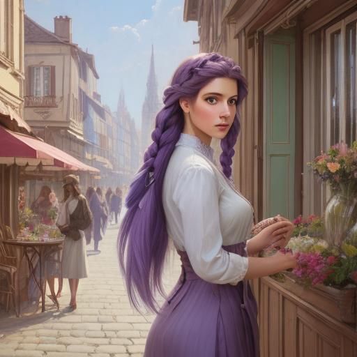 Girl with Purple Braids in European Street Scene