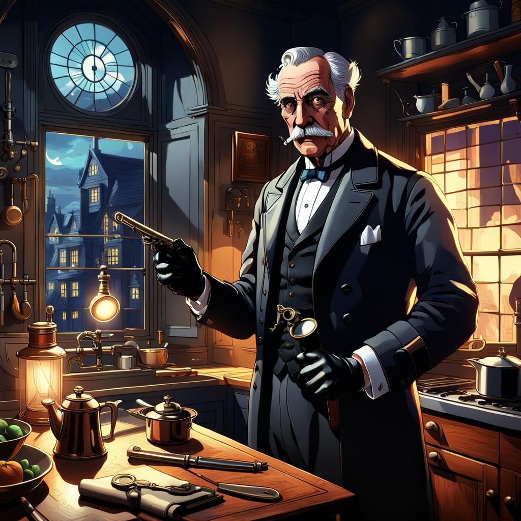 Noir Butler in Kitchen with Revolver