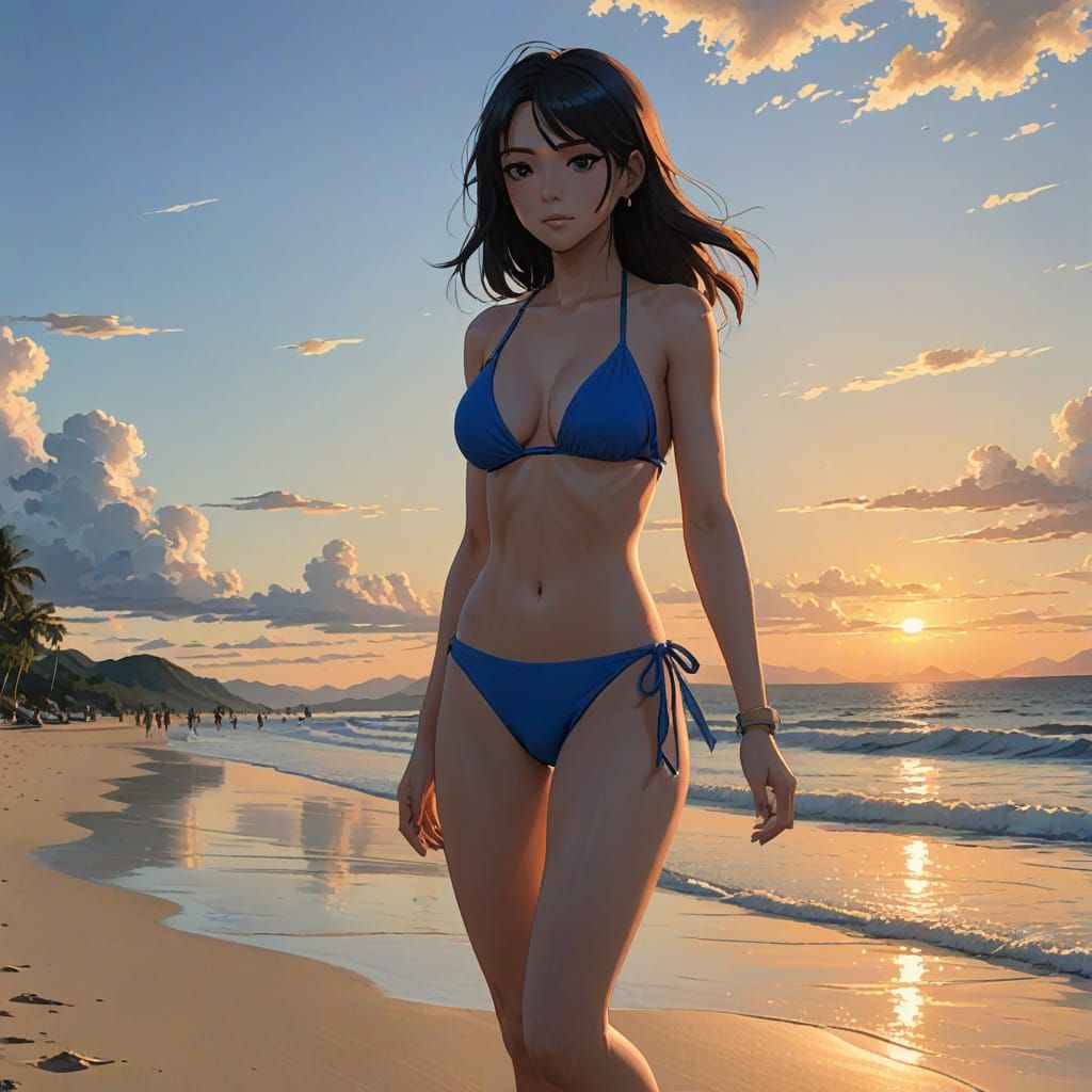 An Anime female wearing a blue bikini walking along a beach ...