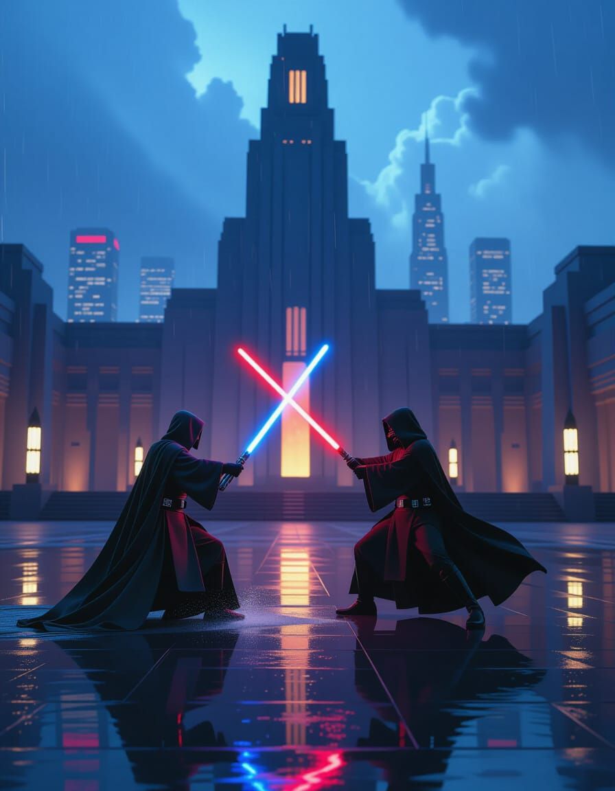 Jedi Knight Duels Sith Lord on Coruscant Plaza