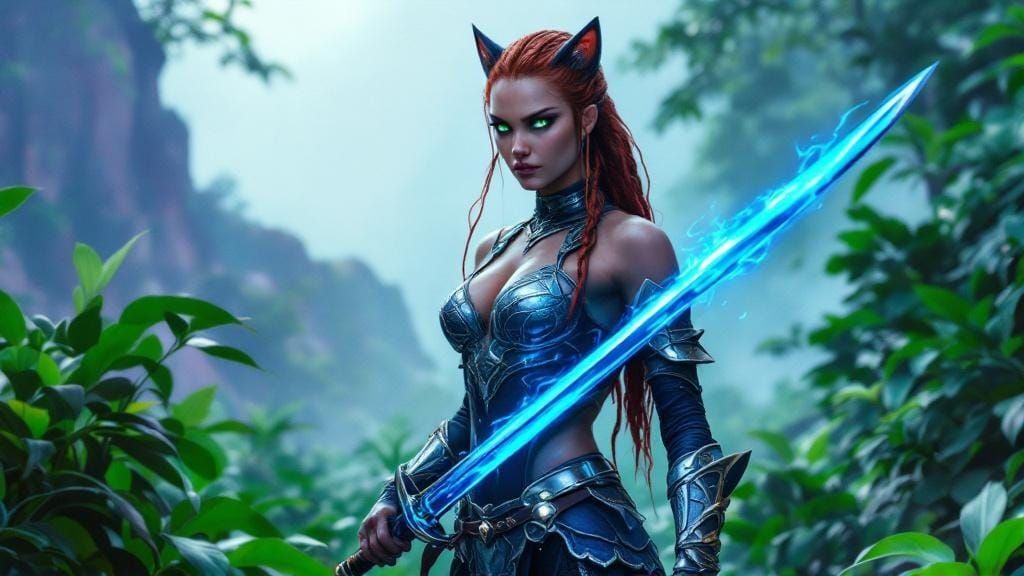 Cat-like Warrior Stands on Jungle Battlefield