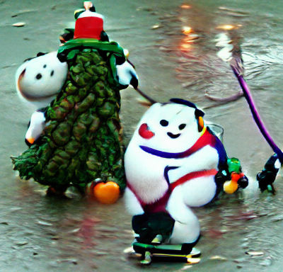 Snowman Ice Skating with Christmas Tree