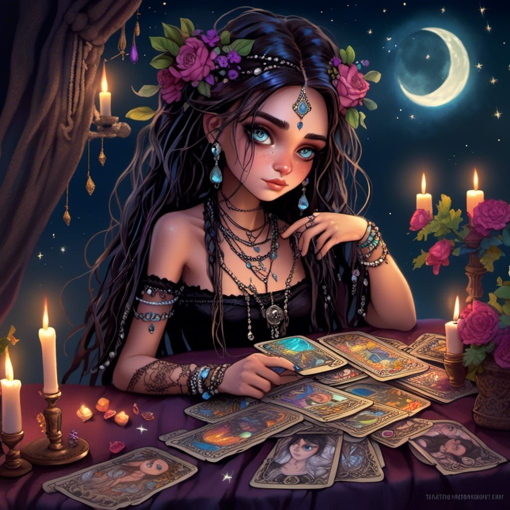 Chibi Bohemian Seer Reading Tarot Cards in Digital Art