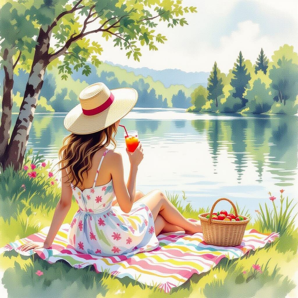 Woman Sipping Lemonade by Lake in Watercolor Style