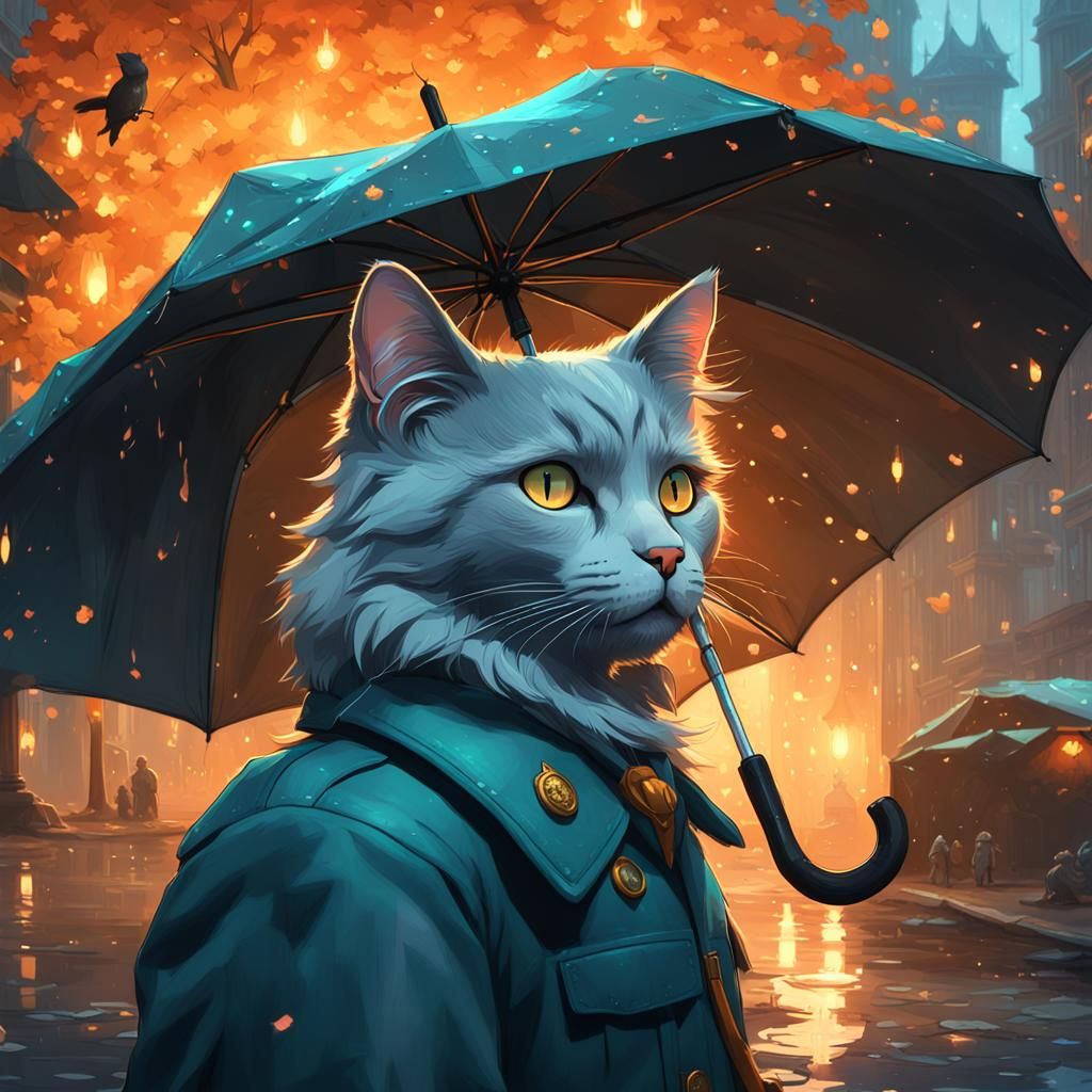 Dreamland Nebelung Cat with Fireflies in Dreamland