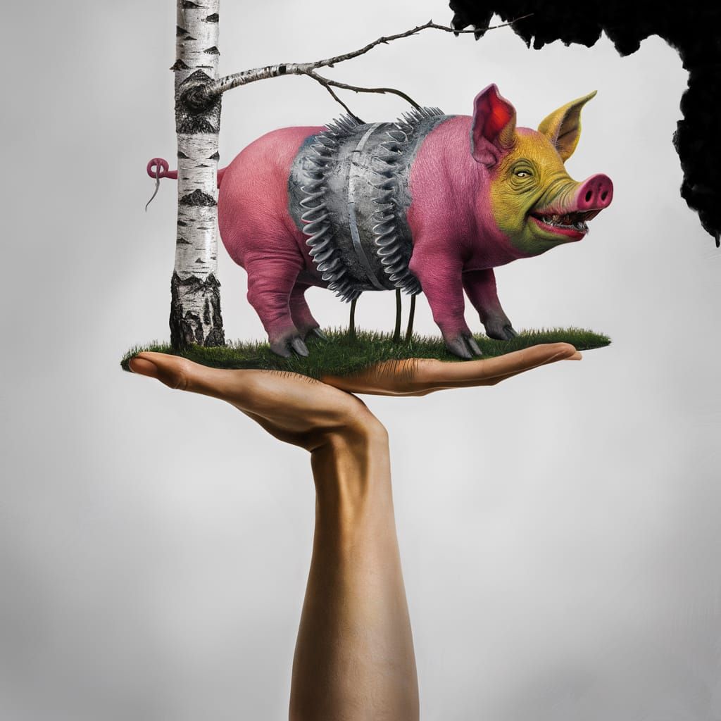 Silver Pig Perched on Tree: Impressionistic Painting