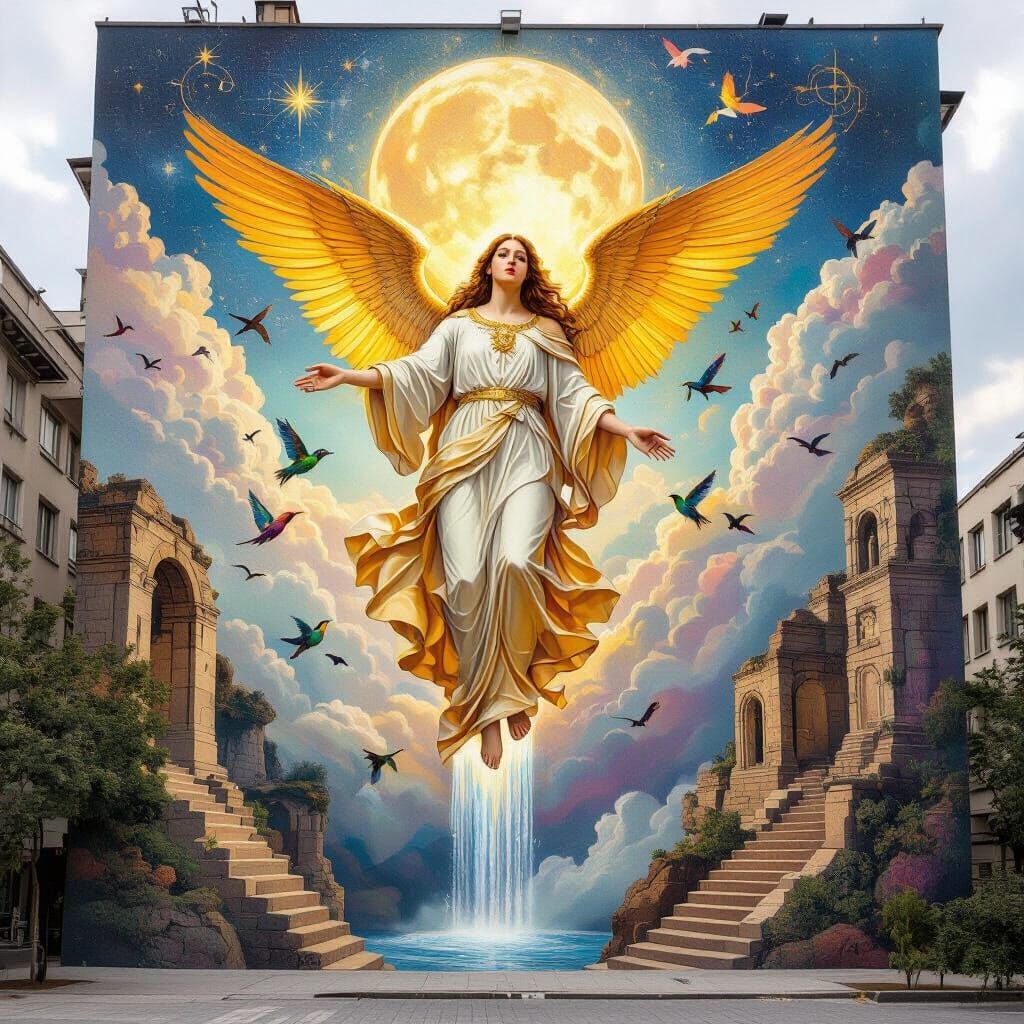Surreal Mural of Divine Figure Descending with Golden Wings