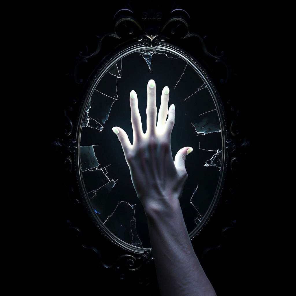 Ethereal Hand Reaching Through Shattered Mirror