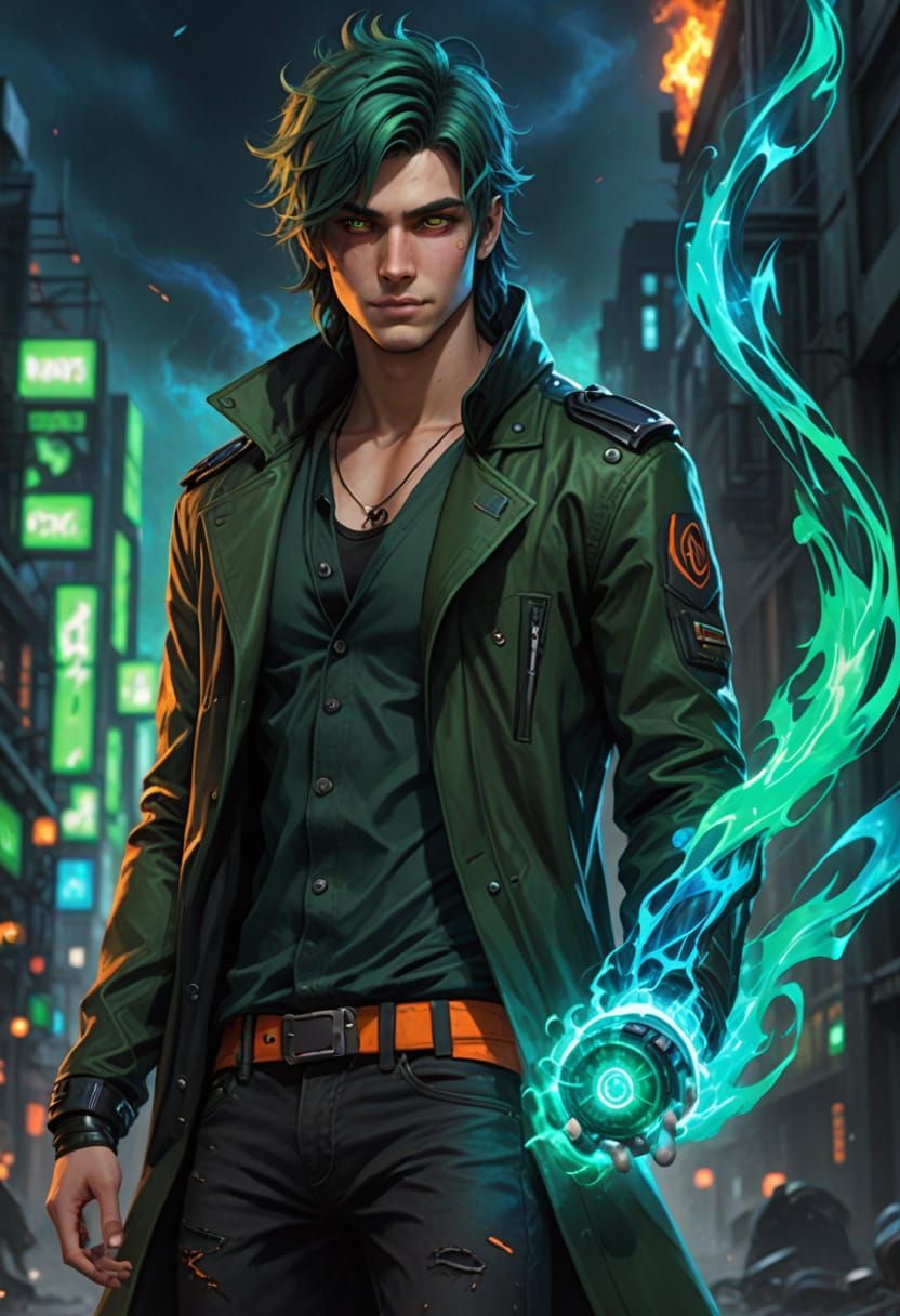 Epic Sci-Fi Figure with Wicked Smile and Fiery Aura