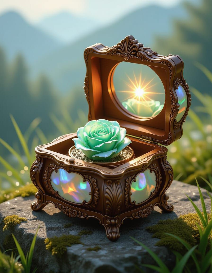Emerald Rose Music Box on Mossy Stone, Oil Painting Style