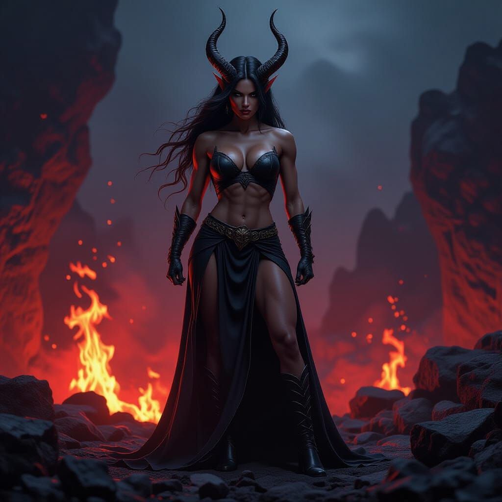 Muscular Female Demon in Fiery Dark Fantasy Art