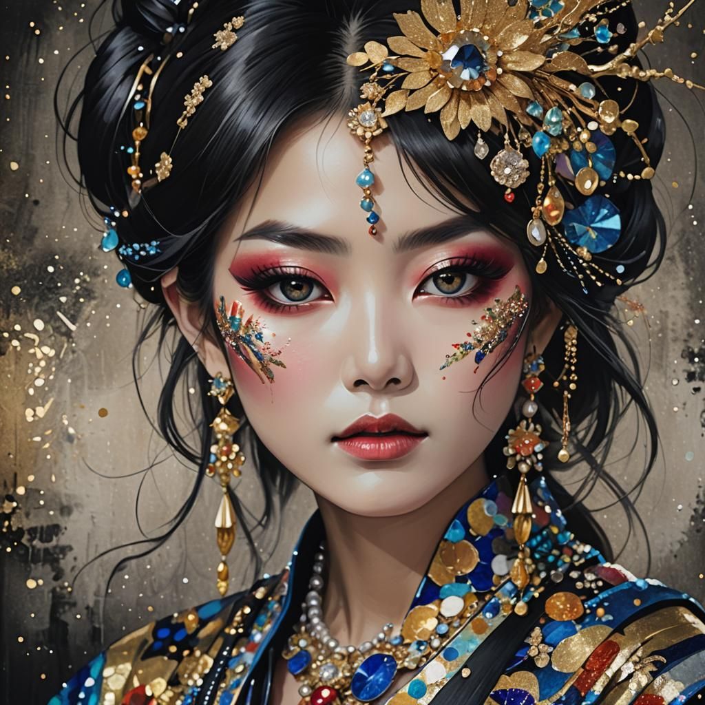 Japanese Woman with Glitter Makeup, Abstract Art