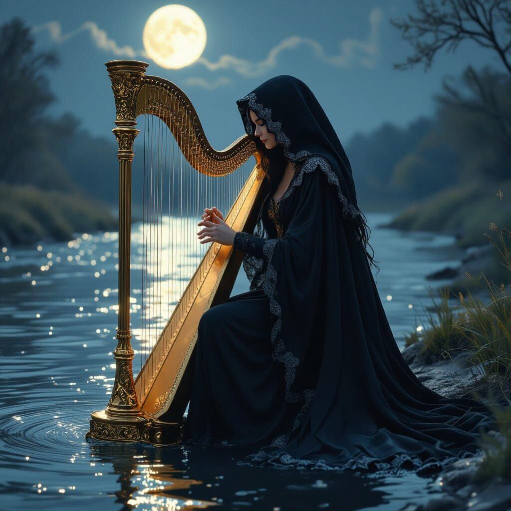 Moonlight Harpist in Digital Matte Painting