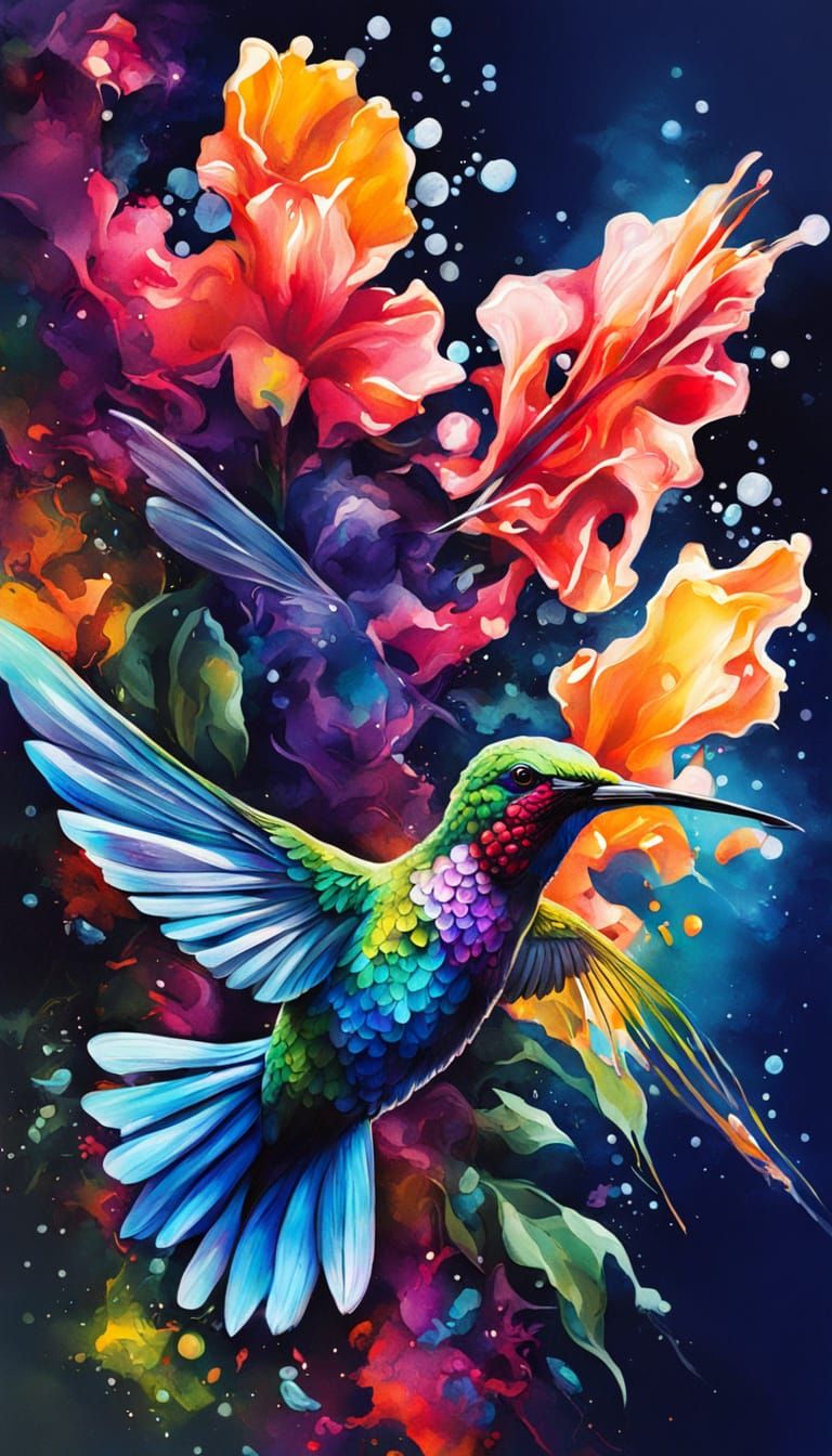 "Close up image of a glowing crystalline multicoloured flower and humming bird in a midnight garden under an alcohol ink...