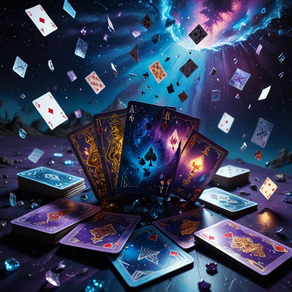 Surreal Oil Painting of Cards Falling in Starry Night Sky