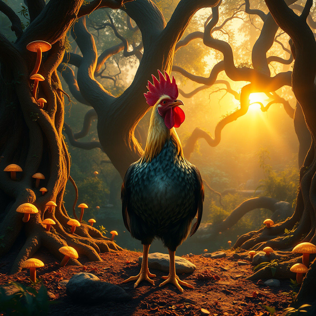 Lush Forest Chicken in Ethereal Light