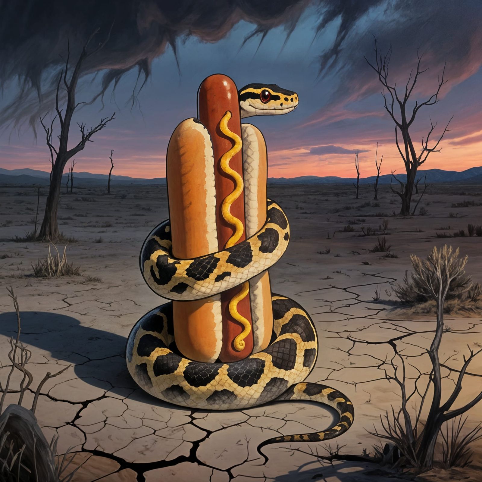 Surreal Ball Python on Hotdog in Windswept Americana