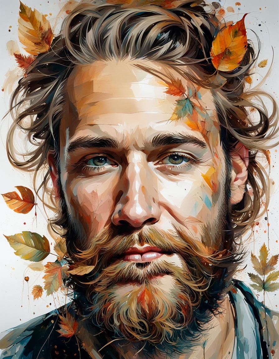 Handsome Man Portrait with Autumn Leaves, Mixed Media Style