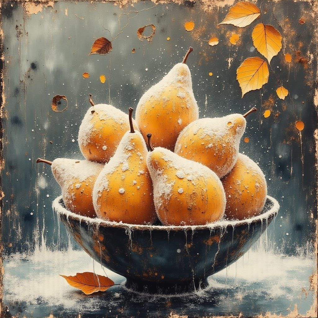 Frozen Pear Still Life, Impressionistic Winter Scene