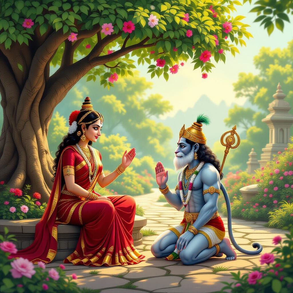 Mata Sita and Hanuman Ji in Ashoka Vatika