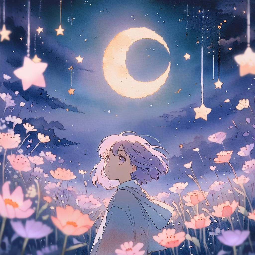 Anime Girl Gazing at Moon in Pastel Flower Field