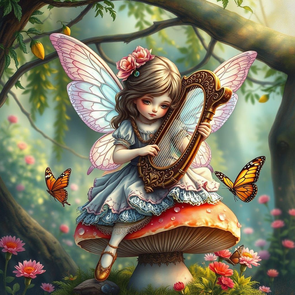 Victorian Fairy Harpist in Magical Forest Illustration