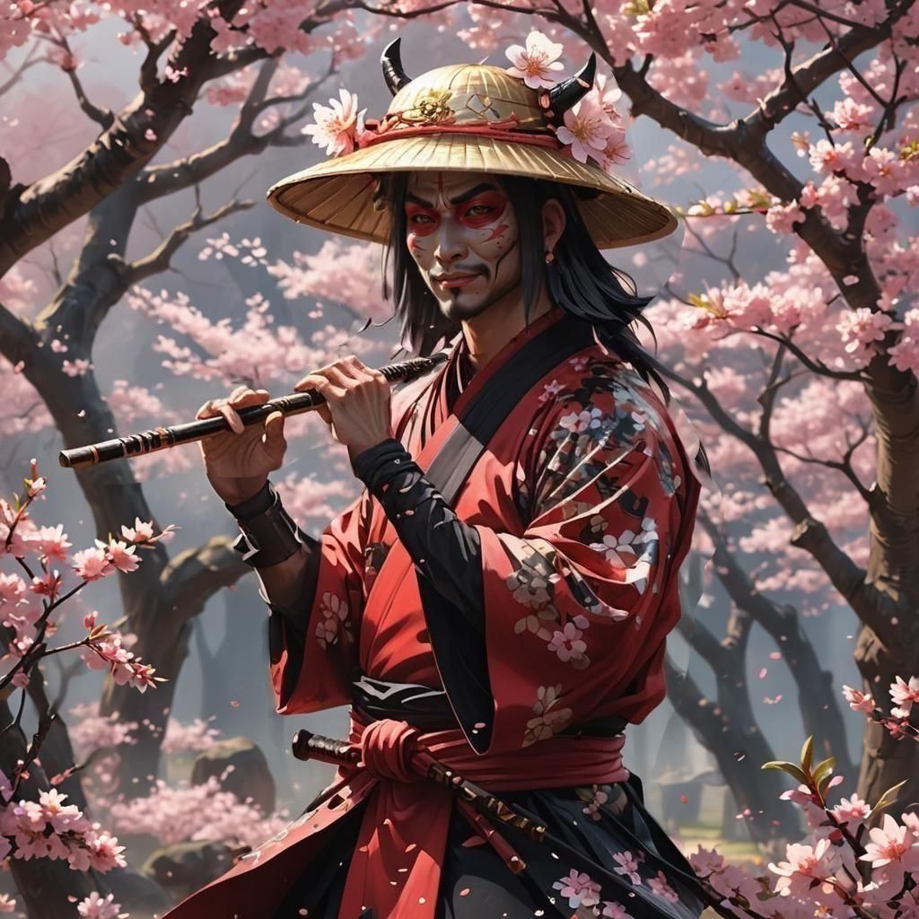 Samurai with Oni Mask Playing Flute in Anime Style